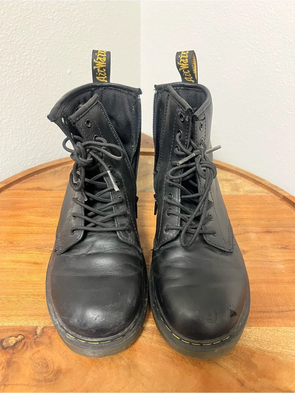 Dr. Martens Black Leather Lace-Up Zip Boots with Yellow Heel Loop